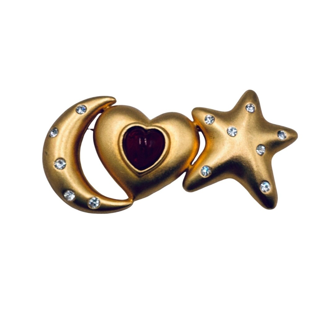 Piscitelli Vintage Gold Tone Moon Heart Star Rhinestone Celestial Brooch Pin